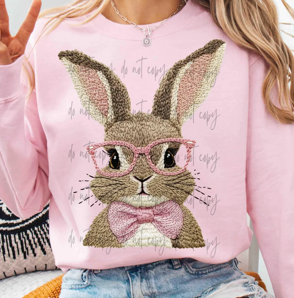 Faux Embroidery Bunny With Pink Glasses & Bowtie