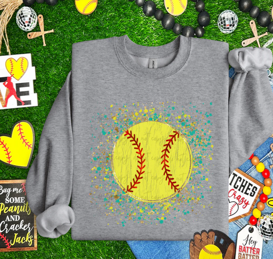 Softball Splatter Teal Yellow Faux Gold Glitter